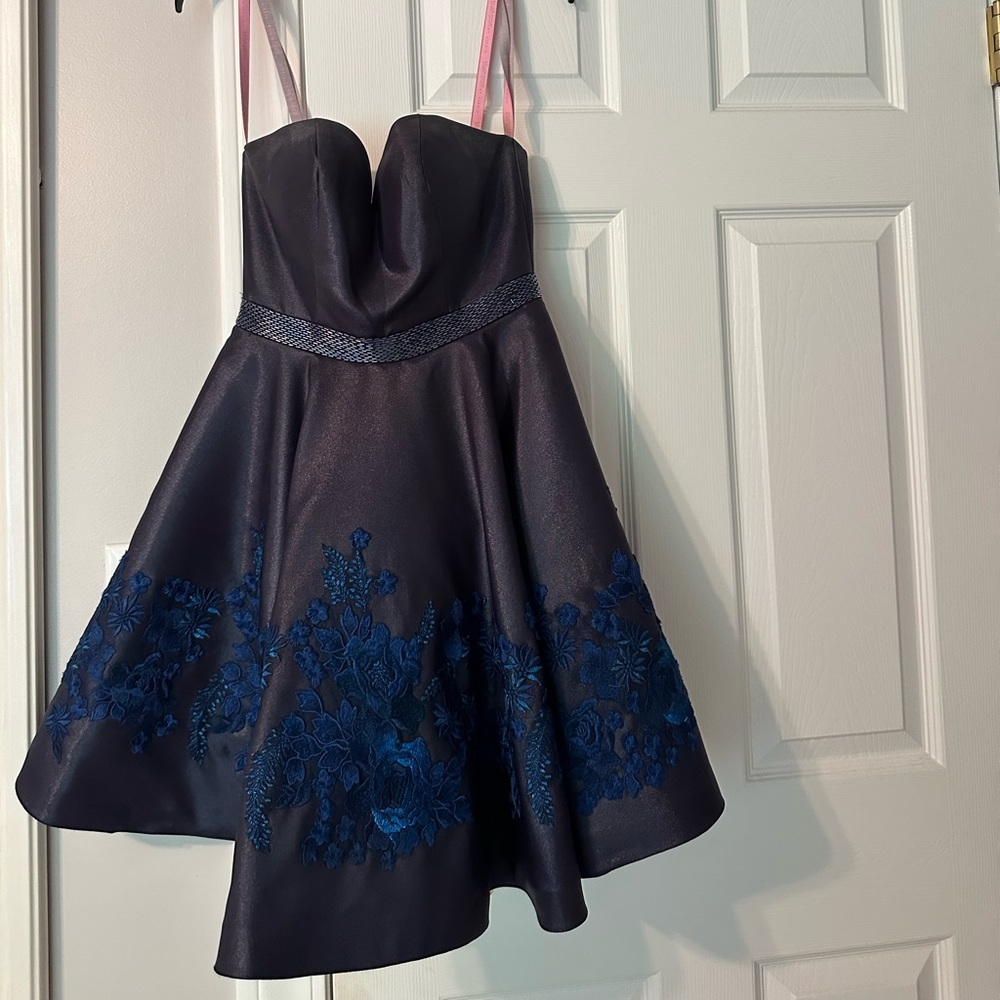 Blush Prom by Alexia. Navy embroidered strapless formal dress. Size 2.